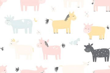 Minimalist farm animals in soft pastel colors, repeating design perfect for children's wallpapers