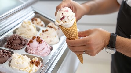 Delicious Ice Cream Cone with Chocolate and Nut Toppings in Hand