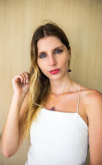 caucasian woman model with blue eyes looking forward