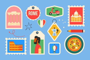 Travel to Rome modern stickers and stamps design in trendy geometrical style. Template for greeting cards, banner and background