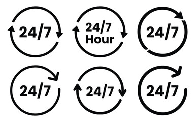 Set of 24/7 Availability Icon. 24 hour service, 24 hour open icon set vector on white background