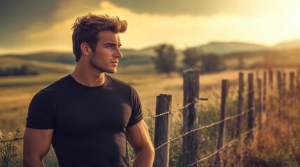Thoughtful Young Man Observing Nature at Sunset on Rural Landscape