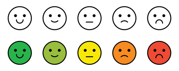 Simple rating scale with smiley faces showing different emotions icon vector on white background