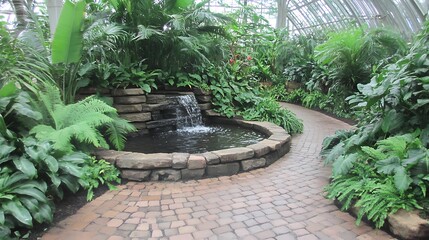 Serene garden path with waterfall.