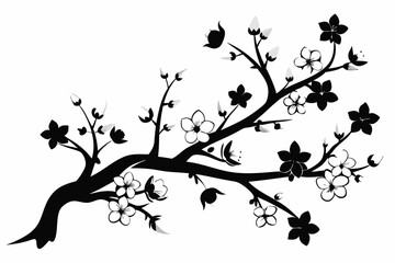 flowering tree branch line art silhouette vector illustration