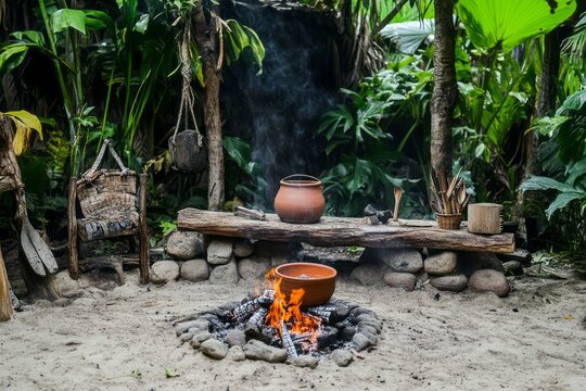 A survivalist cooking a meal in a handmade clay pot over an open fire, with a simple log bench and tools crafted from the wild.Bushcraft,survival skills,wilderness survival. - Powered by Adobe