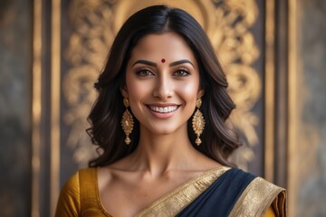 Fototapeta premium Portrait of a smiling woman wearing traditional jewelry and an elegant saree with ornate background