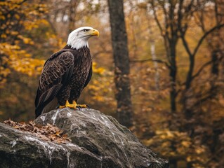 Obraz premium Majestic Bald Eagle Perched on Rocky Outcrop: A Symbol of Freedom and Wilderness in Natural Habitat, Wildlife Photography, Bird of Prey, Predator