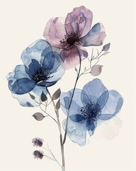 Watercolor Painting of Delicate Blue and Purple Flowers on a Light Background