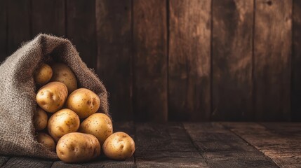 Potatoes spilling from a sack, in a cellar with beams and dim light, earthy in a root veggie scene