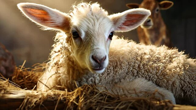 A young lamb lies peacefully in a rustic barn, symbolizing innocence and purity. This scene reflects its cultural significance as a sacred animal in agricultural traditions and community rituals.