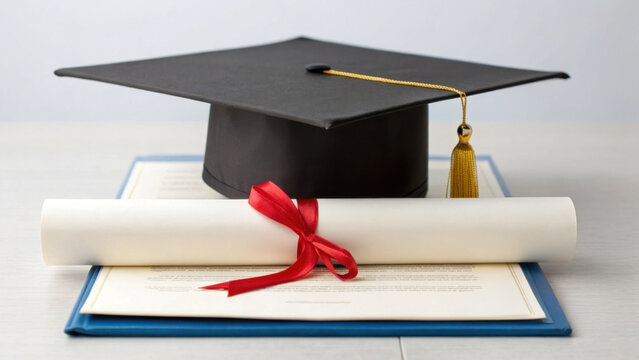 Graduation cap and diploma on certificate symbolize achievement and success