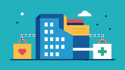 Secure Patient Record An illustration of a locked digital file folder with a blockchain chain visually connected to a stylized hospital building in the background symbolizing