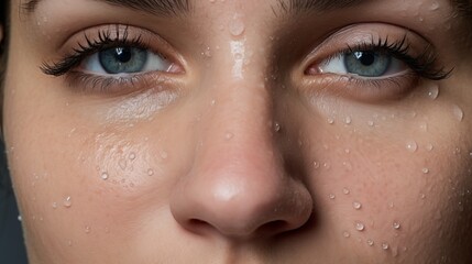 Naklejka premium Intense close-up capturing the mesmerizing blue eyes of a young woman, adorned with glistening water droplets, emphasizing purity and natural beauty