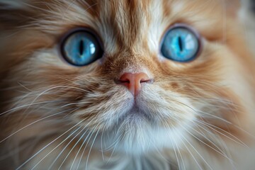 Intense close-up of a beautiful, fluffy ginger cat with mesmerizing blue eyes and long white whiskers looking straight at the camera