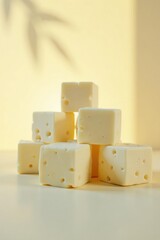 Crumbly white cheese cubes with natural light pouring behind them, cubes, light, background