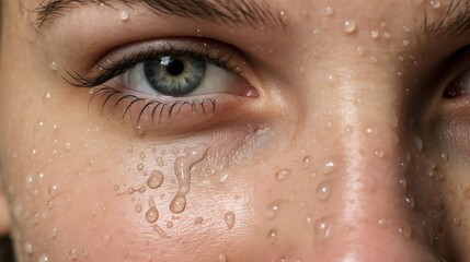 Intense close up of a human eye with a single tear and water droplets clinging to the surrounding facial skin, showcasing raw emotion and vulnerability