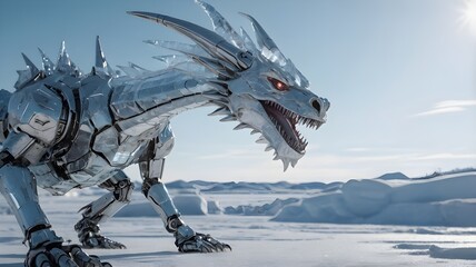 AI GENERATE, robotic ice dragon with a crystalline metal body