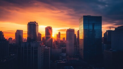 Obraz premium Golden Sunset Over Modern Cityscape, A Moment of Urban Tranquility 