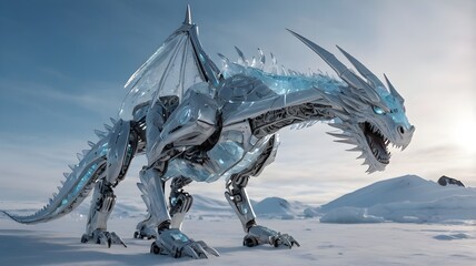 AI GENERATE, robotic ice dragon with a crystalline metal body