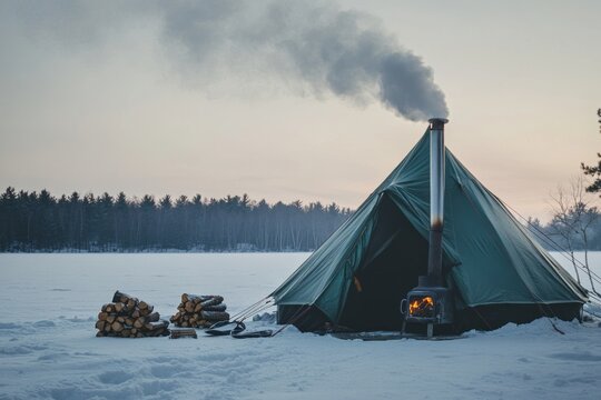 Heated tent,camping stove,hot stove tent.A hot tent setup by a frozen lake, with snowshoes and firewood stacked outside, and the stove pipe emitting gentle smoke against a pale sky