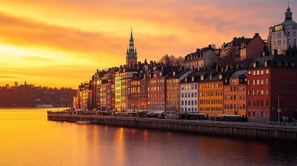 Obraz premium Golden Sunset Over Modern Cityscape, A Moment of Urban Tranquility 