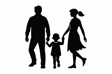husband wife and kid walking line art silhouette vector illustration
