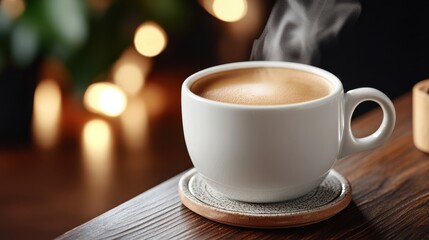 Obraz premium Aromatic Coffee Cup with Rising Steam in Warm Inviting Atmosphere