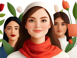 A digital featuring three striking portraits of diverse women set against a lush colorful floral backdrop conveying a sense of empowerment