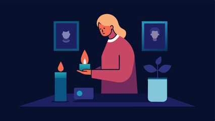 Memorializing Loved Ones A character lighting a candle in front of a small altar or memorial space filled with photos and flowers. The warm glow of the candle represents