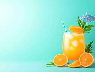 Fototapeta premium Refreshing orange cocktail with umbrella and slices on a vibrant background