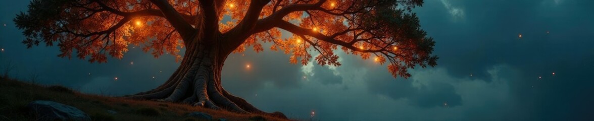 Glowing leaves and branches on a majestic, ancient tree, tree of life, magical, nature