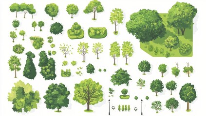 Collection of top-down tree and shrub illustrations, various sizes and types, ideal for urban planning or landscape design