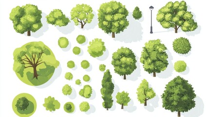 Collection of various trees and shrubs, top-down isometric view,  ideal for urban planning, landscaping projects, or virtual environments.  Features different types and sizes of foliage