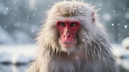 Naklejka premium Wild Japanese Macaque Monkey in Natural Habitat with Snowy Background Environment