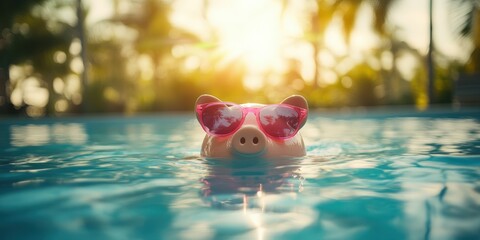 Poolside pig bank chills with shades! Sunny reflections dance on the water, creating a playful, summery scene