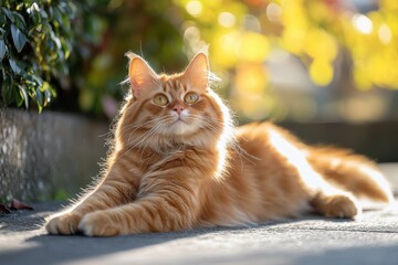 Obraz premium Ginger Cat Relaxing in Golden Sunlight Autumn Outdoors