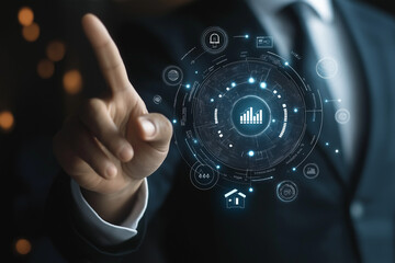 Businessman touching icon and conducting a comprehensive business assessment, evaluating key performance metrics and strategic opportunities