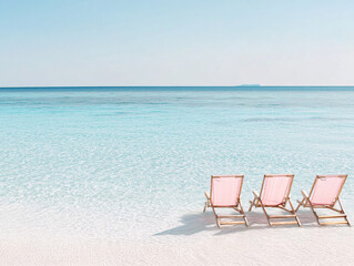 Beach chairs are positioned on a pristine white sand beach, facing a calm, clear turquoise ocean. The scene is idyllic and peaceful, invoking a sense of relaxation. The water is transparent.
