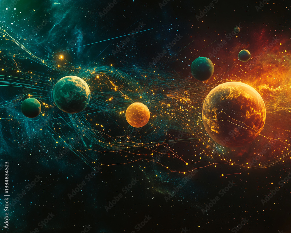 Poster Cosmic scene with orange and green planets connected by glowing lines, set against dark nebula background symbolizing interconnectedness and celestial wonder, ideal for science fiction or space themes