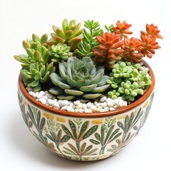 Fototapeta premium Colorful Succulent Arrangement in Decorative Ceramic Pot for Home Decor