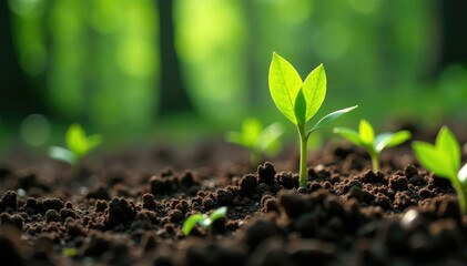 Fototapeta premium Sprouting plant shoots emerging from forest soil, woodland, leafy