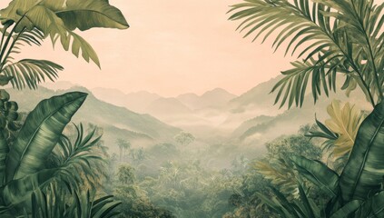 Lush tropical valley framed by vibrant foliage.  Misty mountains in the distance