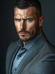 Fototapeta premium Intense portrait of a handsome man with a beard and tattoos, wearing a stylish suit and a serious expression, looking determined and powerful.