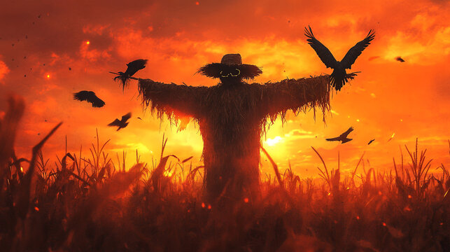 A scarecrow standing in a cornfield at dusk with a haunting silhouette