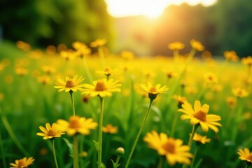 Fototapeta premium Warm sunlight illuminates a sea of yellow wildflowers in a tranquil meadow,, landscape, greenery