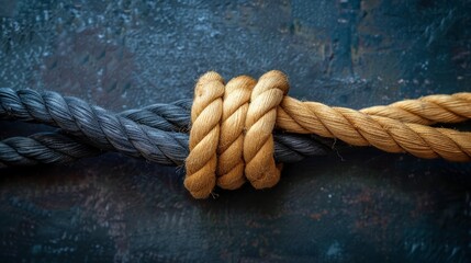 Fototapeta premium Intertwined Beige and Black Ropes United in a Tight Knot Against a Deep Textured Backdrop, Symbolizing Strength and Connection