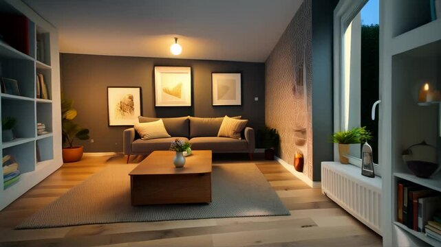 Building up of modern living room interior. Furnishing process. Interior repair animation. Professional 4K 3d rendering.