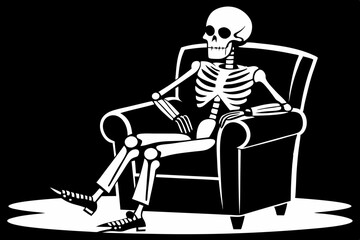 skeleton sitting on a armchair line art silhouette vector illustration