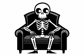 skeleton sitting on a armchair line art silhouette vector illustration